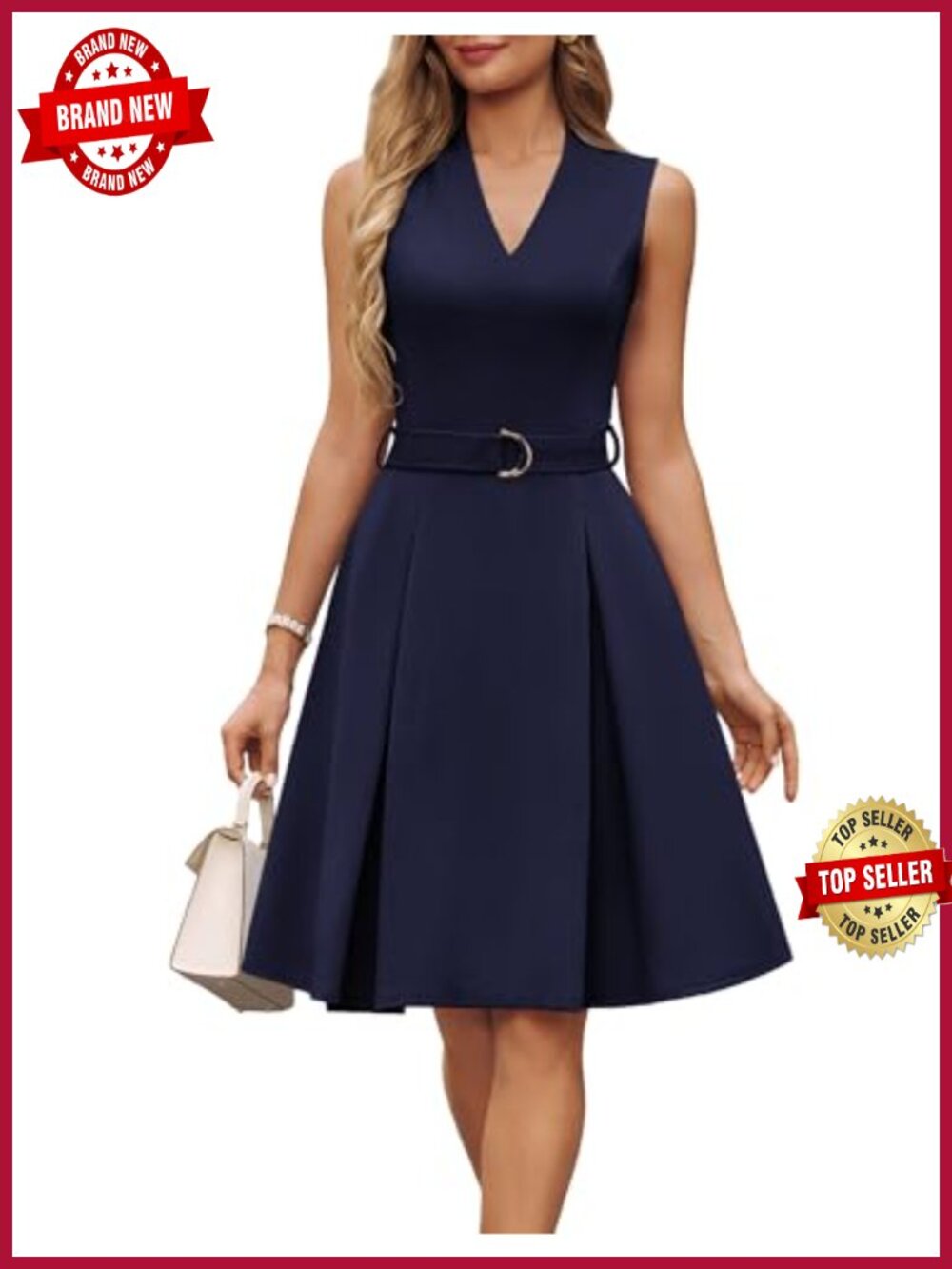 Women's Fit & Flare Midi Work Dress with Belt and Pockets, V-Neck Sleeveless